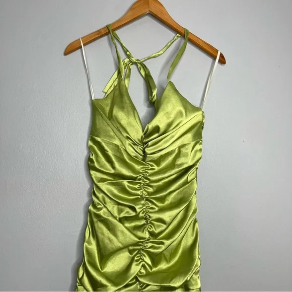Jessica McClintock Y2K Green Silk Satin Ruched Dress H - Picture 3 of 8
